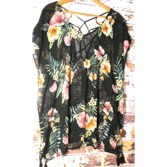 Kona Sol Tropical Print Sheer Lattice Back Tassel Hem Detail Kaftan Cover Up - Picture 2 of 9